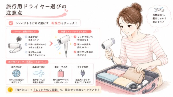 「旅行用ドライヤー選びの注意点」をまとめた図解です。スーツケースにドライヤーをパッキングする女性のイラストと共に、コンパクトさだけで選ばず「乾燥力」もチェックすべきであることを解説しています。コンパクトさ重視によるデメリットと、風量をチェックするメリットを比較して説明。また、旅行用ドライヤーのチェックポイントとして「海外対応か」「風量は十分か」「重さ・サイズ」「プラグ形状」の4点をアイコン付きで挙げ、最後に「海外対応＋しっかり乾く風量」を選ぶことで旅先でも快適に過ごせるとまとめています。