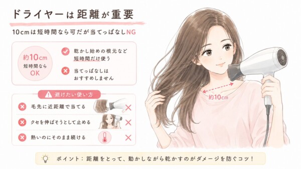 「ドライヤーは距離が重要」と題した図解画像です。ドライヤーを髪から約10cm離して使う女性のイラストを描き、10cmの近距離は根元を乾かす短時間のみOKで、当てっぱなしはNGと解説。毛先への近距離使用や動きを止めるなどの避けたい使い方も図示し、適度な距離を保ち動かしながら乾かすのがダメージを防ぐコツだとまとめています。
