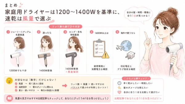 ドライヤー選びの「まとめ」の図解です。ドライヤーを持ち笑顔で案内する女性のイラストと共に、「家庭用ドライヤーは1200〜1400Wを基準に、速乾は風量で選ぶ」という結論を掲示しています。ワット数の目安として「①ショート〜ミディアムは1200Wでも十分」「②迷ったら1400W前後」「③ロング・多毛・時短重視は1400W前後＋風量確認」「④1600W以上は使用環境を確認」「⑤海外用は対応電圧とプラグを確認」の5パターンを図解。また、数字だけでなく「ワット数×風量×使いやすさのバランス」が失敗しないコツであることと、比較記事へのリンクをまとめています。