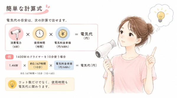 ドライヤーの電気代を算出する「簡単な計算式」の図解です。ドライヤーを持ちひらめいた表情の女性のイラストと共に、電気代の目安を出す計算式「消費電力(kW)×使用時間(時間)×電気料金単価(円/kWh)」を紹介。例として1400Wのドライヤーを10分使った場合（1.4kW×約0.167時間×電気料金単価）の具体的な数字の当てはめ方を解説し、ワット数だけでなく使用時間も電気代に大きく関わるというポイントをまとめています。