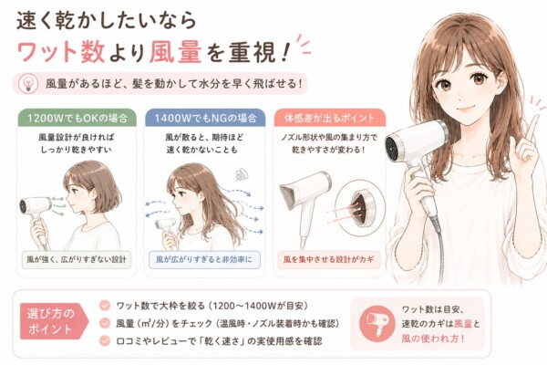 「速く乾かしたいならワット数より風量を重視！」という見出しで、速乾ドライヤー選びのコツを解説した図解です。ドライヤーを持ち笑顔でアドバイスする女性のイラストと共に、3つのポイントを紹介。「1200Wでも風量設計が良ければしっかり乾きやすい」「1400Wでも風が広がりすぎると非効率」「ノズル形状など風を集中させる設計がカギ」であることを図付きで説明しています。最後に選び方のポイントとして、ワット数は目安と考え、風量の数値や口コミを確認することが重要だとまとめています。