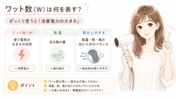 ドライヤーの「ワット数（W）は何を表す？」を解説した図解です。ドライヤーを持ち笑顔で指を立てる女性のイラストと共に、ワット数は「消費電力」、風量は「風の強さ」、乾かしやすさは「総合的な使いやすさ」であることを3つのパネルで説明。ポイントとして、ワット数が高いからといって必ずしも風が強いわけではなく、風量や熱などのバランスが大切であることを解説しています。