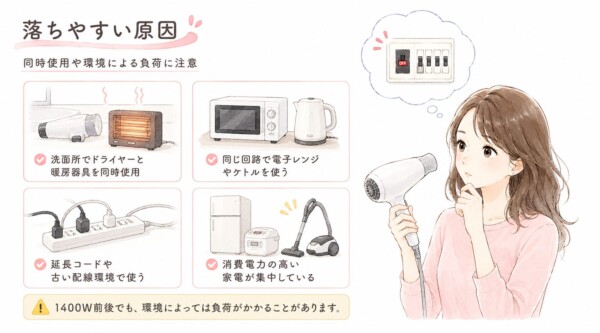 ブレーカーが「落ちやすい原因」を解説した図解です。ドライヤーを持ち考え込む女性と、落ちたブレーカーのイラストと共に、同時使用や環境による負荷への注意喚起として4つのパターンを紹介。「洗面所でドライヤーと暖房器具を同時使用」「同じ回路で電子レンジやケトルを使う」「延長コードや古い配線環境で使う」「消費電力の高い家電が集中している」といった原因を図付きで説明しています。また、1400W前後のドライヤーでも、環境によっては負荷がかかることがあるという注意点も補足しています。