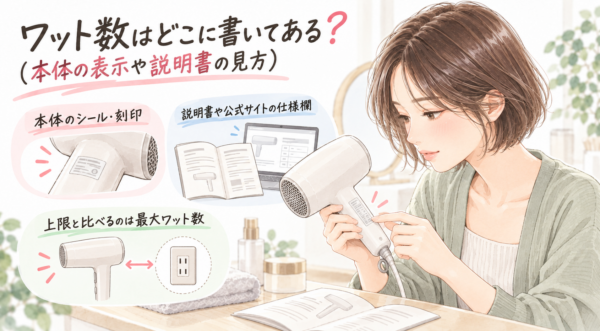 ドライヤー本体の表示を確認する女性。そばに取扱説明書が開かれ、表示シールや仕様欄を確認する場面が描かれている。
