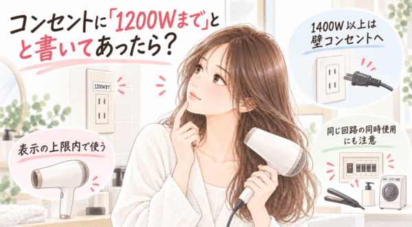洗面台のコンセント表示を見ながらドライヤーを手に考える女性。周囲に、壁コンセントとブレーカーのイラストが添えられている。