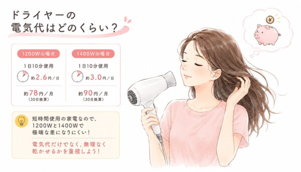 「ドライヤーの電気代はどのくらい？」を解説した図解です。ドライヤーで髪を乾かしながら豚の貯金箱を思い浮かべる女性のイラストと共に、ワット数別の電気代の目安を比較しています。1日10分使用した場合、1200Wは約2.6円/日（月約78円）、1400Wは約3.0円/日（月約90円）であると図解。短時間使用の家電のため1200Wと1400Wで極端な差になりにくく、電気代だけでなく無理なく乾かせるかを重視しようというポイントをまとめています。