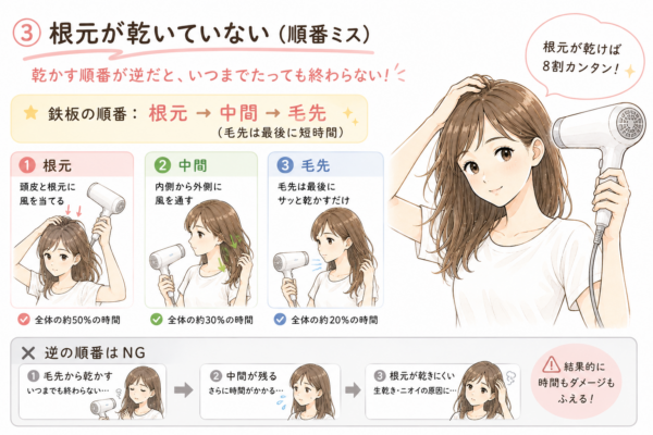 髪を速く乾かすための正しい順番を解説した図解。「根元が乾いていない（順番ミス）」を見出しに、ドライヤーを使う女性のイラストで基本の順番「根元→中間→毛先」を説明しています。各ステップの時間配分の目安や、毛先から乾かす逆の順番だと時間がかかりダメージも増えるというNG例も併せて図解しています。