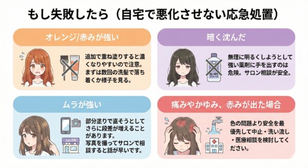 セルフカラーで失敗した際の応急処置を4つのケース別に解説。1.オレンジや赤みが強い場合は追加塗りをせず数回の洗髪で様子見。2.暗く沈んだ場合は強い薬剤を自ら使わずサロン相談。3.ムラが強い場合は部分塗りを避け写真を撮ってプロに相談。4.痛みやかゆみが出た場合は即中止し洗い流して医療機関を検討するなど、悪化させないための対処法をまとめています。