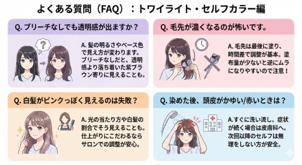 ヘアカラー「トワイライト」のセルフカラーに関するよくある質問（FAQ）図解。ブリーチなしでの発色、毛先が濃くならない塗り方のコツ、白髪がピンクに見える現象、染めた後の頭皮トラブルへの対処法を4つのパネルで解説。イラストを交えてセルフカラーの不安や疑問に回答する、美容・ヘアケア記事用の図解画像です。