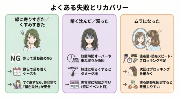 セルフカラーのよくある失敗とリカバリー方法の図解。1.「緑すぎ・くすみすぎ」は焦って染め直さず数日待つか美容室の補色設計に頼る、2.「暗すぎ・濁り」は放置時間超過が原因で無理に明るくせずプロに相談する、3.「ムラ」は塗布量やブロッキング不足が原因で次回の改善策を意識する、といった3つのトラブル対処法をまとめた画像。