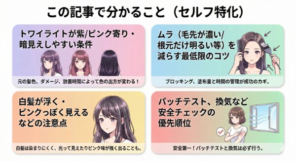 「この記事で分かること（セルフ特化）」というタイトルの図解画像。4つのパネルで、イルミナカラー「トワイライト」のセルフカラーにおける、紫・ピンクの発色条件、色ムラを防ぐブロッキングのコツ、白髪への注意点、パッチテストや換気などの安全チェック優先順位について、女性のイラストを交えて解説しています。