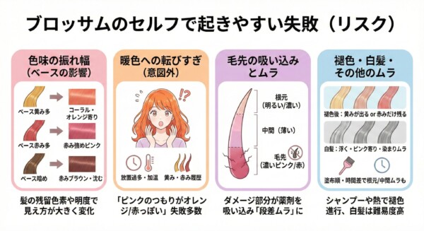 イルミナカラー「ブロッサム」のセルフカラーで起きやすい失敗例を4つのパネルで解説。左から、1.ベースの髪色による色味の振れ幅（コーラル寄り、赤みピンク、沈んだブラウン）、2.意図しない暖色化の原因、3.毛先の吸い込みによる段差ムラの仕組み、4.褪色や白髪による染まりムラを詳しく図解しています。