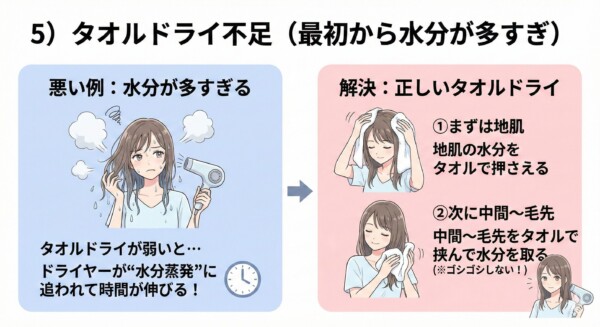 ドライヤー時間が長くなる原因としての「タオルドライ不足」を解説した図解。髪から水滴が垂れるほど水分が多い状態ではドライヤー効率が悪いことを示し、事前にしっかりタオルで水分を拭き取ることが「速乾の最大のコツ」であると強調。最初から水分を減らしておくことで、ドライヤーを当てる時間を物理的に短縮できることを説明しています。