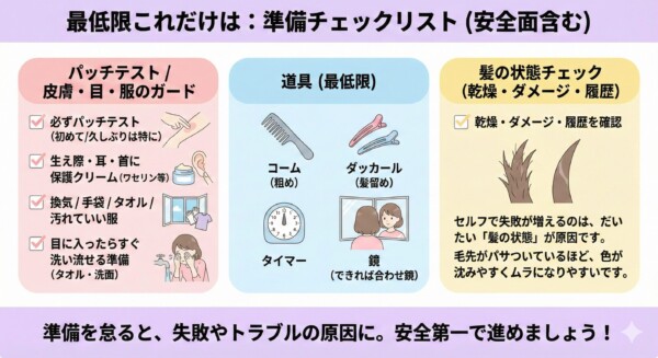 セルフカラーの失敗とトラブルを防ぐための「準備チェックリスト」図解。パッチテストや保護クリーム等の安全対策、コーム・鏡・タイマー等の必須道具、髪の乾燥やダメージ履歴のセルフ確認方法をイラストで解説。事前準備を怠ることが色ムラや肌トラブルの直接的な原因になることを示し、安全第一での施術を推奨しています。