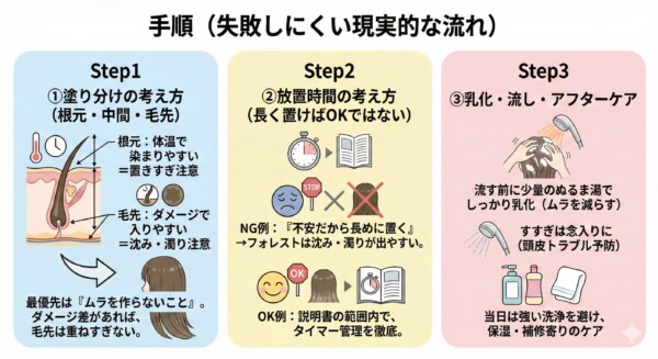 セルフでフォレスト系カラーを失敗させない3ステップ手順図解。1.塗り分け(根元の体温による染まりすぎと毛先の沈み込みを防止)、2.放置時間(長く置きすぎずタイマー管理を徹底)、3.乳化・流し(ぬるま湯で乳化してムラを減らす)を解説。マット系特有の濁りや暗すぎを防ぐための具体的なコツをまとめた画像。