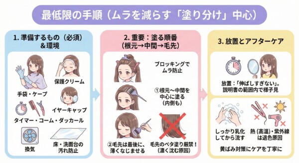 セルフカラーでムラを減らすための3ステップ解説図解。1.準備（手袋・保護クリーム・換気等）、2.重要手順（ブロッキング、根元から中間を先に塗り、毛先は最後に薄くなじませる塗り分け法）、3.アフターケア（放置時間を守る、乳化、高温の熱や紫外線を避ける）をイラストで体系的にまとめた手順書画像。