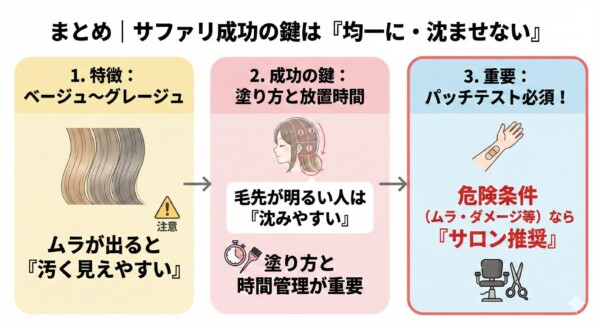 イルミナカラー「サファリ」成功のための3つの重要ポイントまとめ図解。1.特徴（ベージュ・グレージュ系でムラが目立ちやすい）、2.成功の鍵（毛先の沈みに注意した塗り方と時間管理）、3.重要事項（パッチテスト必須、危険条件ならサロン推奨）を簡潔にまとめた一覧です。