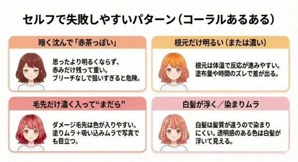 イルミナカラー コーラルをセルフで染めた際に起こりやすい4つの失敗パターンを解説する図解。暗く沈んで赤茶っぽくなる、根元だけ明るくなる、ダメージ毛先だけ濃く染まり、まだらになる、白髪が染まらず浮いて見える、という典型的な失敗例を、困った表情の女性キャラクターのイラストと共に分かりやすく説明しています。