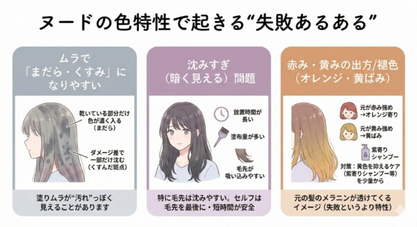 セルフカラーの「向いてる人」と「危険な人」の判断基準を比較した図解。髪の履歴、ダメージ、肌の状態、期待する仕上がりなど4項目で診断。失敗時のリスク（修正費用や時間）に触れ、不安な場合は最初に美容室で「ヌードのベース作り」をしてもらうことが結果的にラクで成功しやすい運用であると解説しています。