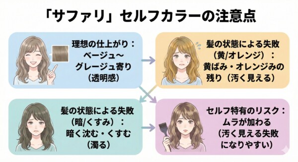 「サファリ」セルフカラーの注意点を示した図解。透明感のあるベージュという理想の仕上がりに対し、失敗例として「黄ばみやオレンジみが残る」「暗く沈んでくすむ」状態を挙げています。さらにセルフ特有のリスクとして色ムラが加わり、汚く見えてしまう可能性を、困り顔の女性のイラストと共に解説しています。
