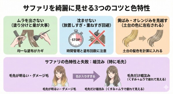 「サファリ」カラーを綺麗に見せる3つのコツと色特性の解説図。成功のポイントとして「ムラを出さない均一な塗布」「色が沈まないよう時間管理と重ねすぎ回避」「土台の黄ばみ・オレンジみを見越した計算」の3点を提示。さらに、毛先が明るいダメージ毛は色が入りすぎて暗く沈み、疲れて見えてしまう失敗例を比較イラストで警告しています。

