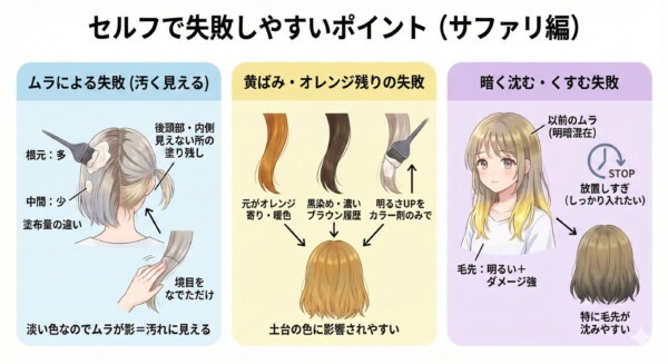 「サファリ」のセルフカラーで起こりやすい3つの失敗原因を図解。塗布量の差や後頭部の塗り残しによる「色ムラ」、元の髪色や黒染め履歴に影響される「黄ばみ・オレンジ残り」、ダメージのある毛先に薬剤が入りすぎてしまう「暗沈み（くすみ）」のメカニズムを、具体的なイラストで解説しています。
