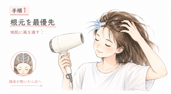 「手順1 根元を最優先」という見出しで、髪を速く乾かすための最初のステップを解説した図解。ドライヤーを持った女性が手で髪を持ち上げ、地肌に直接風を通している様子が描かれています。風の通り道を示す図解も添えられ、頭皮が乾いてから次の手順に進むことが説明されています。