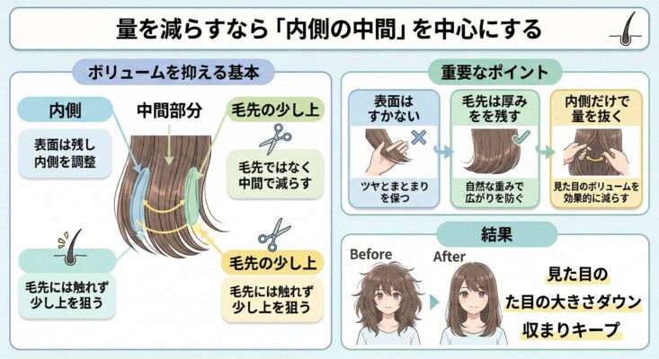 「量を減らすなら内側の中間を中心に」という見出しの図解。左側で毛先に触れず内側の中間部分のみを狙って髪をすくメカニズムを解説。右側には「表面はすかない」「毛先は厚みを残す」「内側だけで量を抜く」という重要ポイントを提示し、カット前後の比較で見た目のボリュームが劇的にダウンする結果を示しています。