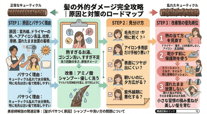 「髪の外的ダメージ完全攻略：原因と対策のロードマップ」と題した図解画像。紫外線や熱、摩擦によるキューティクルの乱れをSTEP1で解説し、STEP2で毛先の乾燥などの見分け方をセルフチェック。STEP3では、熱の当て方の見直し、保護剤の使用、濡れたまま放置しないという改善策の優先順位をイラストで分かりやすくまとめた専門的な教育コンテンツです。