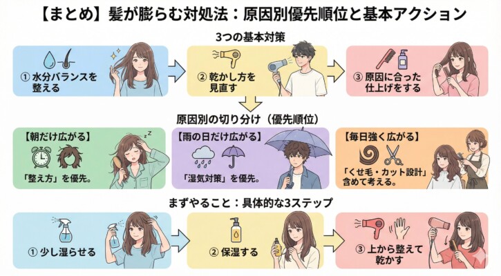 美容師による「髪が膨らむ悩み」の解決まとめ図解。原因を乾燥、湿気、くせ・カットの3つに分類し、保湿ケアや防水コーティングなどの対策を提示。自宅ケアで改善する人と美容室で見直すべき人の違いを明確にし、最後に「自分の原因に合わせたケアで、一日中まとまる理想の髪へ」と締めくくるロードマップです。