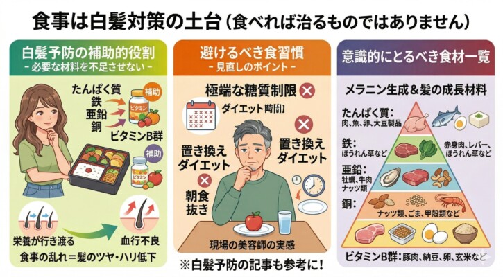 白髪対策の土台となる食事について解説した図解。左側でたんぱく質やミネラルなどの補助的役割を、中央で極端な糖質制限や欠食など避けるべき習慣を、右側でメラニン生成を助ける食材（肉、魚、牡蠣、ナッツ等）をピラミッド形式で紹介。食事の乱れが髪のツヤ・ハリ低下や血行不良を招くことをイラストで示しています。