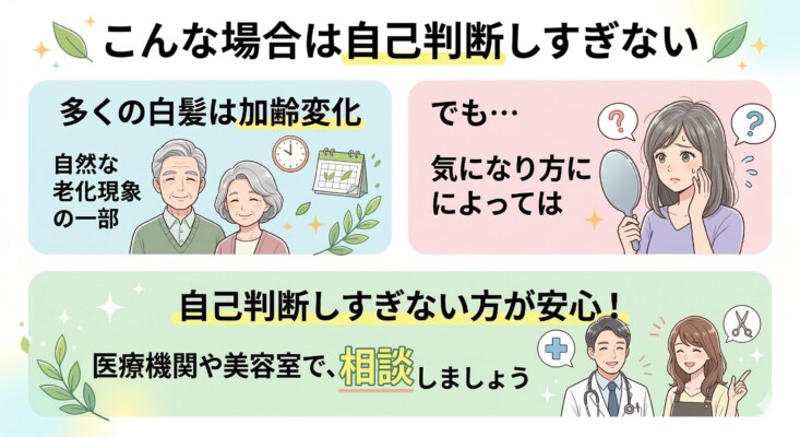 白髪の悩みに関する自己判断の注意点を解説した図解。多くの白髪は自然な加齢現象である一方、急激な増え方や気になり方によっては一人で悩まず専門家へ相談することを推奨しています。鏡を見て不安を感じる女性のイラストとともに、医療機関や美容室で相談することで安心感につながることを伝えている、SEOに配慮したまとめ画像です。
