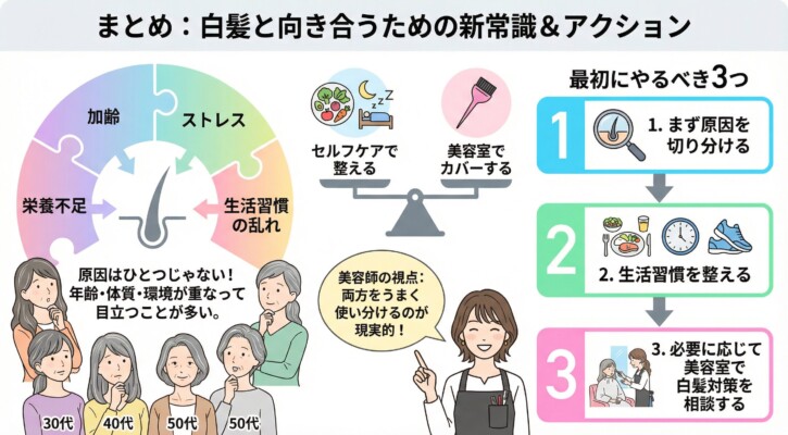 白髪と向き合うための新常識とアクションをまとめた図解。左側では加齢・ストレス・栄養不足・生活習慣が複合的に影響する仕組みを、中央ではセルフケアと美容室でのカバーをバランスよく使い分ける重要性を説明。右側では「最初にやるべき3つ」として、原因の切り分け、生活習慣の改善、美容室での相談というステップを、30代から50代の女性のイラストと共に紹介しています。
