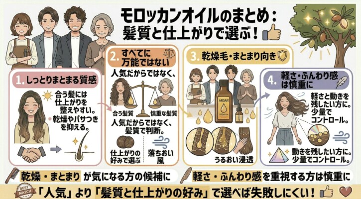 モロッカンオイルのまとめ図解。1.しっとりまとまる質感（乾燥やパサつき抑制）、2.すべてに万能ではない（人気ではなく髪質で判断）、3.乾燥毛・まとまり向き（うるおい浸透）、4.軽さ・ふんわり感は慎重に（少量でコントロール）の4点を解説。人気に左右されず、自分の髪質と仕上がりの好みで選ぶことが失敗しないコツであると説明しています。