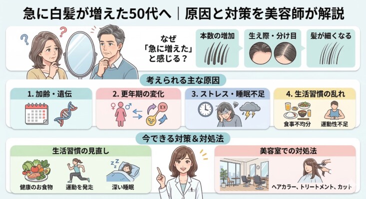 50代で急に白髪が増えた原因と対策を美容師が解説する図解。加齢・遺伝、更年期、ストレス、生活習慣の乱れが主な原因として挙げられ、鏡を見て悩む男女が描かれています。対策として健康的な食事、運動、睡眠、美容室でのヘアカラーやカットを推奨し、白髪が目立つ理由やセルフケアの重要性を1枚にまとめています。