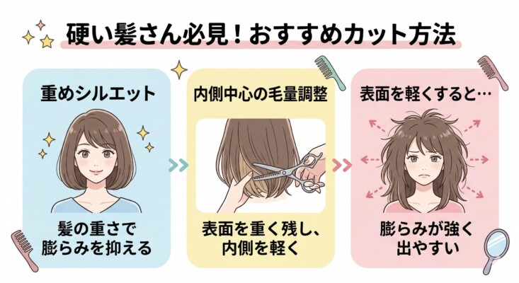 「硬い髪さん必見！おすすめカット方法」を解説した図解。左に「重めシルエット」として髪の重さで膨らみを抑えるボブの女性、中央に「内側中心の毛量調整」として表面を重く残し内側を軽くするハサミの入れ方を紹介。右には「表面を軽くすると…」という失敗例として、膨らみが強く出た女性のイラストを配置し、硬い髪をまとめるコツを比較解説しています。