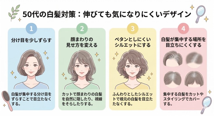 50代の白髪対策として、伸びても白髪が気になりにくいヘアデザインのコツを4つのポイントで解説した図解。1.分け目を少しずらす、2.カットで顔まわりの見せ方を変える、3.ふんわりしたシルエットで根元を隠す、4.白髪が集中する場所をスタイリングでカバーする手法を、女性のイラストと共に紹介しています。
