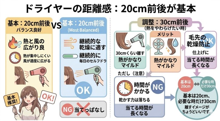 ドライヤーの適切な距離感について解説した図解画像。「20cm前後」を基本とし、熱と風の広がりが良く継続的な乾燥に適していることを推奨。熱を和らげたい時の調整として「30cm前後」離すメリット（毛先の乾燥防止）とデメリット（時間がかかる）を比較し、基本は20cm、必要な時だけ30cm離すという使い分けをイラストで説明しています。