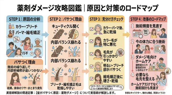 「薬剤ダメージ攻略図鑑｜原因と対策のロードマップ」と題した図解画像。カラーや縮毛矯正によるキューティクルの開きや内部バランスの崩れをSTEP1・2で解説。STEP3で髪の硬さや引っかかりをチェックし、STEP4で施術頻度の見直しやダメージ毛向けホームケア、毛先カットなどの改善ロードマップをイラストで提示しています。