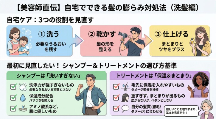 美容師直伝の「自宅でできる髪の膨らみ対処法（洗髪編）」を解説した図解。自宅ケアの3つの役割として「洗う（うるおいを残す）」「乾かす（形を整える）」「仕上げる（ツヤをプラス）」の流れを提示。さらに、シャンプーは「洗いすぎないアミノ酸系」、トリートメントは「保湿とまとまり重視」といった具体的な選び方の基準をチェックリスト形式で紹介しています。