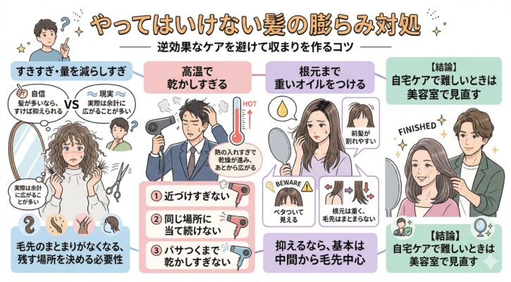 「やってはいけない髪の膨らみ対処」を解説した図解。すきすぎによる毛先のパサつき、高温での乾かしすぎによる乾燥、根元への重いオイル塗布によるベタつきといった逆効果なケア例を紹介しています。正しいコツとして、ドライヤーを近づけすぎないことや、スタイリング剤は中間から毛先中心につける基本をイラストでまとめています。