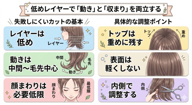 「低めレイヤーで『動き』と『収まり』を両立する」方法を解説した図解。左側に「失敗しにくいカットの基本」として、レイヤーは低め、動きは中間〜毛先中心、顔まわりは必要最低限という3点を提示。右側に「具体的な調整ポイント」として、トップは重めに残す、表面は軽くしない、内側で調整するという3つのコツをイラストと共に詳しく説明しています。