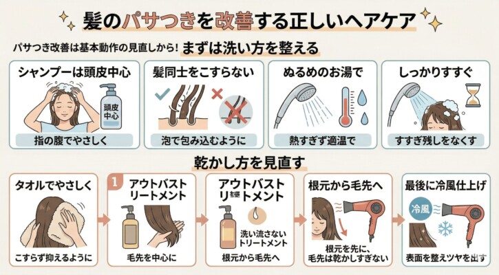 「髪のパサつきを改善する正しいヘアケア」をテーマにした図解。上段では「洗い方を整える」として、頭皮中心の洗浄やぬるま湯でのすすぎを解説。下段では「乾かし方を見直す」として、タオルドライ、アウトバストリートメント、根元から毛先へのドライヤー、仕上げの冷風まで、髪のツヤを引き出す一連の流れをイラストで紹介しています。