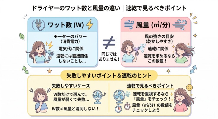 ドライヤーのワット数（W）と風量（立方メートル毎分）の違いを比較した図解。ワット数はモーターのパワーや電気代に関係し、風量は速乾性に関係することを説明。「ワット数＝風量」ではないため、速乾を重視するなら風量の数値をチェックすべきという失敗しないためのポイントを女性のイラストと共に解説する画像。