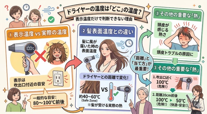 ドライヤーの表示温度と実際の温度の違いを解説した図解。1.表示は吹出口付近の目安（80〜100℃前後）であること、2.距離によって髪表面温度が約40〜60℃の安全圏に変化すること、3.頭皮が感じる熱さや距離20cm前後で50℃まで下がる仕組みを説明。イラストを交え「距離」と「当て方」の重要性を説いています。