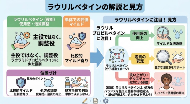 シャンプー成分「ラウリルベタイン」の役割と見方を解説した図解。主役ではなく調整役として、ラウラミドプロピルベタインに似た低刺激な性質を持ちます。マイルドな洗浄感への向上、豊かな泡立ちのサポート、しっとりとした洗い上がりの調整など、処方全体のバランスを整える重要な補助成分としての位置づけを説明しています。