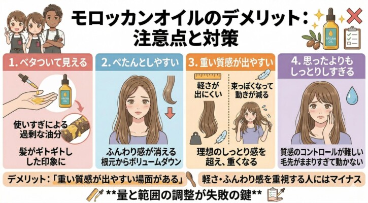 モロッカンオイルのデメリットと注意点を4つのパネルで解説した図解。1.使いすぎによるベタつき、2.根元のボリュームダウン、3.重い質感による動きの減少、4.しっとりしすぎる質感のコントロールの難しさを描写しています。軽さやふんわり感を重視する人への注意喚起と、使用量や塗布範囲の調整が重要であることを説明しています。