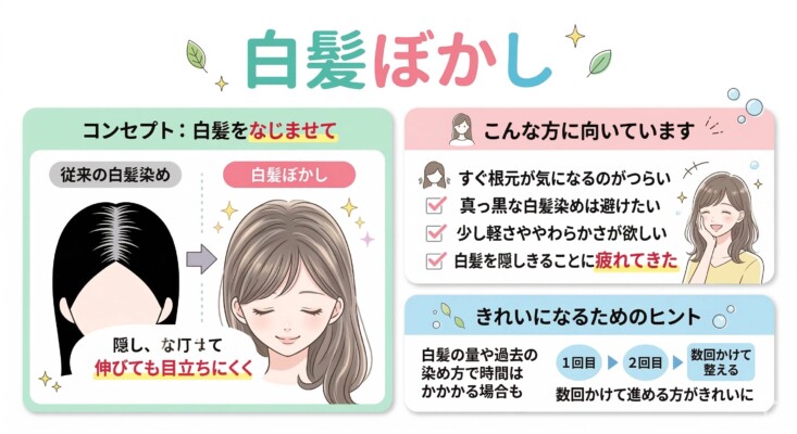 白髪ぼかしのコンセプトと特徴を解説した図解。従来の白髪染めと比較して、白髪をなじませることで伸びても根元が目立ちにくくなるメリットをイラストで示しています。根元がすぐ気になる人や、真っ黒に染めるのを避けたい人、白髪を隠し続けることに疲れた人に向いていることや、数回かけて段階的に整えるときれいに仕上がるポイントをまとめています。