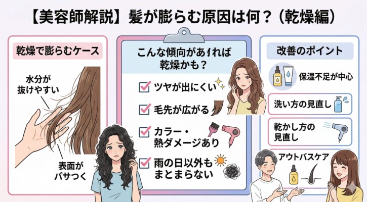 美容師が解説する「髪が膨らむ原因（乾燥編）」の図解画像。左側に水分不足で表面がパサつく様子のイラスト、中央に「ツヤが出にくい」「毛先が広がる」「ダメージあり」などの乾燥タイプ診断チェックリスト、右側に保湿不足の解消や洗い方・乾かし方の見直し、アウトバスケアなどの改善ポイントがまとめられています。