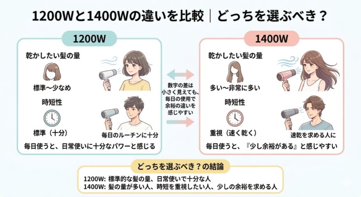 1200Wと1400Wのドライヤーの違いを比較した図解。1200Wは髪の量が標準から少なめの人や日常使いで十分な人向け、1400Wは髪の量が多い人や速乾・時短を重視する人向けと分類。数字の差以上に毎日の使用感に余裕の違いが出ることを、男女がドライヤーを使用するイラストと共に解説する比較画像。